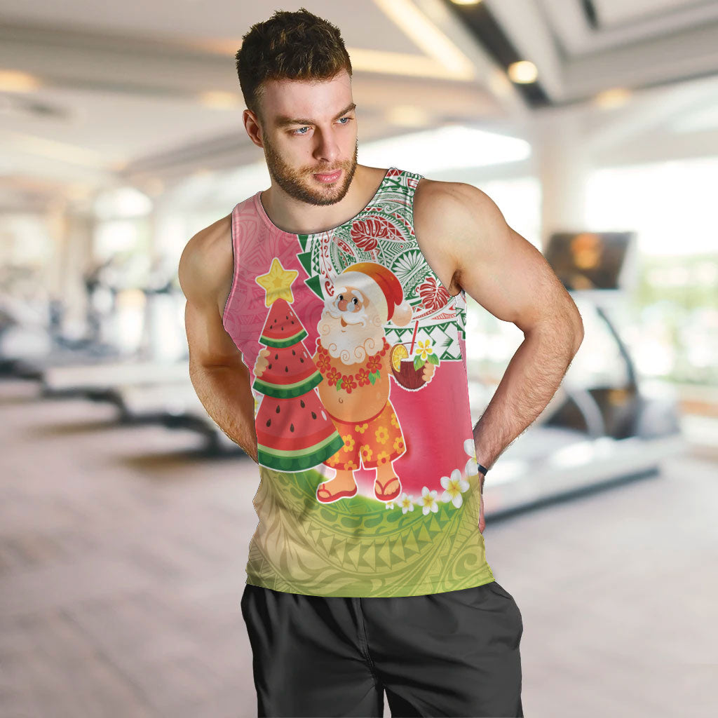 Hawaiian Watermelon Mele Kalikimaka Men Tank Top Tropical Tribal Pattern with Funny Santa Claus LT03 Multicolor - Polynesian Pride