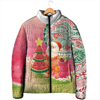 Hawaiian Watermelon Mele Kalikimaka Padded Jacket Tropical Tribal Pattern with Funny Santa Claus LT03 - Polynesian Pride
