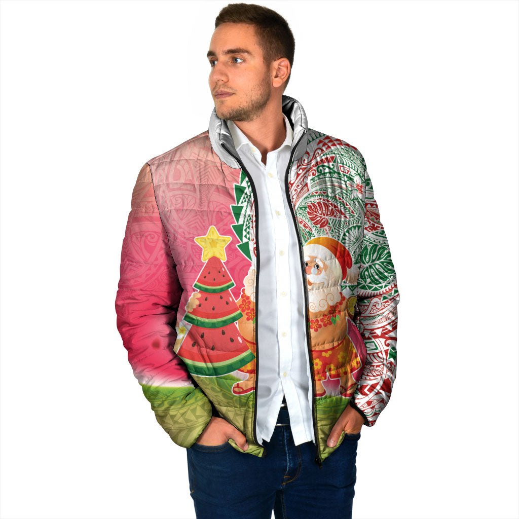 Hawaiian Watermelon Mele Kalikimaka Padded Jacket Tropical Tribal Pattern with Funny Santa Claus LT03 - Polynesian Pride