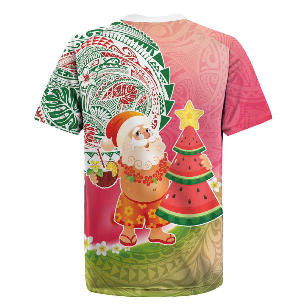 Hawaiian Watermelon Mele Kalikimaka Rugby Jersey Tropical Tribal Pattern with Funny Santa Claus LT03 - Polynesian Pride