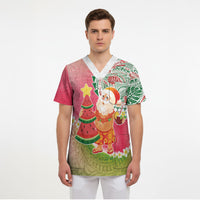 Hawaiian Watermelon Mele Kalikimaka Scrub Top Tropical Tribal Pattern with Funny Santa Claus LT03 - Polynesian Pride
