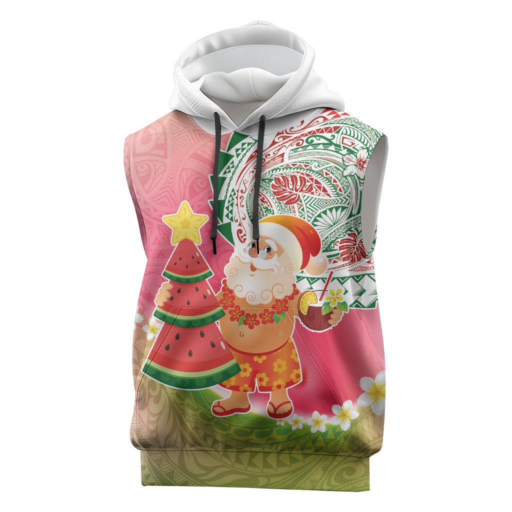 Hawaiian Watermelon Mele Kalikimaka Sleeveless Hoodie Tropical Tribal Pattern with Funny Santa Claus LT03 Multicolor - Polynesian Pride