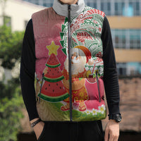 Hawaiian Watermelon Mele Kalikimaka Sleeveless Puffer Jacket Tropical Tribal Pattern with Funny Santa Claus LT03 - Polynesian Pride