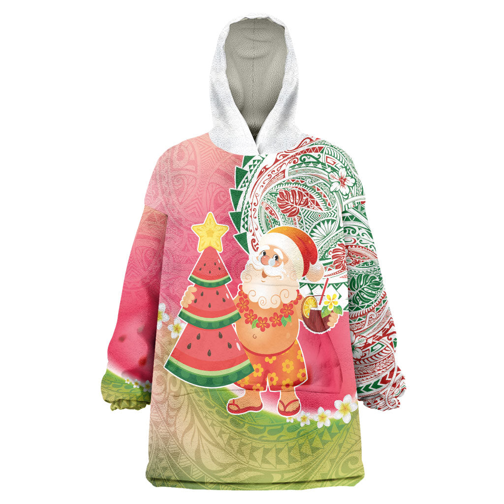 Hawaiian Watermelon Mele Kalikimaka Wearable Blanket Hoodie Tropical Tribal Pattern with Funny Santa Claus LT03 One Size Multicolor - Polynesian Pride