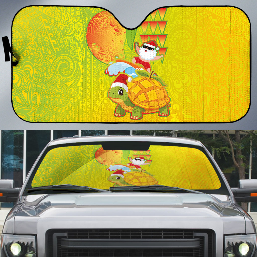 Hawaiian Mango Mele Kalikimaka Auto Sun Shade Santa Claus Surfing with Turtle Mango Christmas LT03 Multicolor - Polynesian Pride