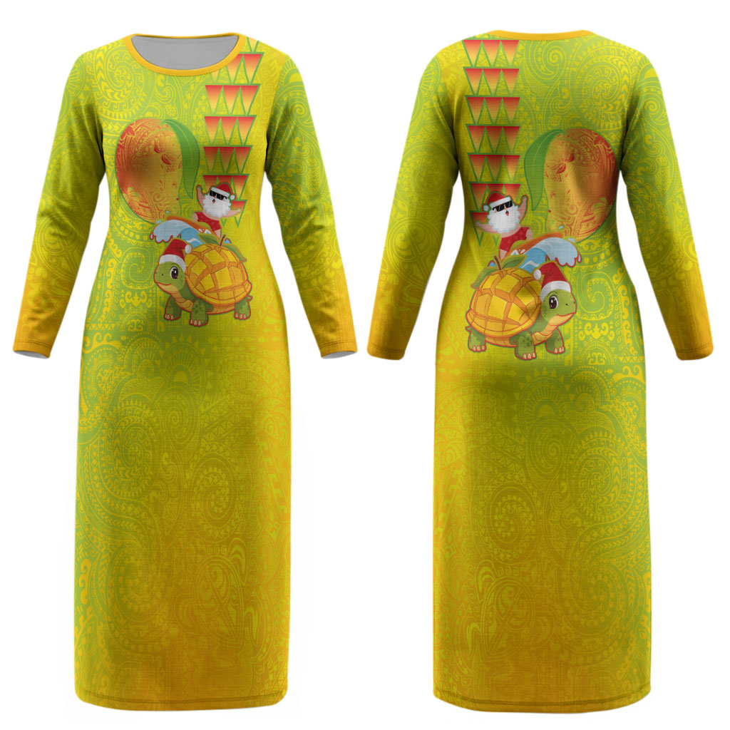 Hawaiian Mango Mele Kalikimaka Couples Matching Long Sleeve Bodycon Dress and Long Sleeve Button Shirt Santa Claus Surfing with Turtle Mango Christmas LT03 - Polynesian Pride