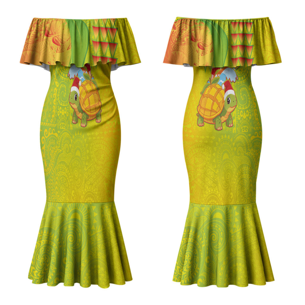 Hawaiian Mango Mele Kalikimaka Couples Matching Mermaid Dress and Hawaiian Shirt Santa Claus Surfing with Turtle Mango Christmas LT03 - Polynesian Pride