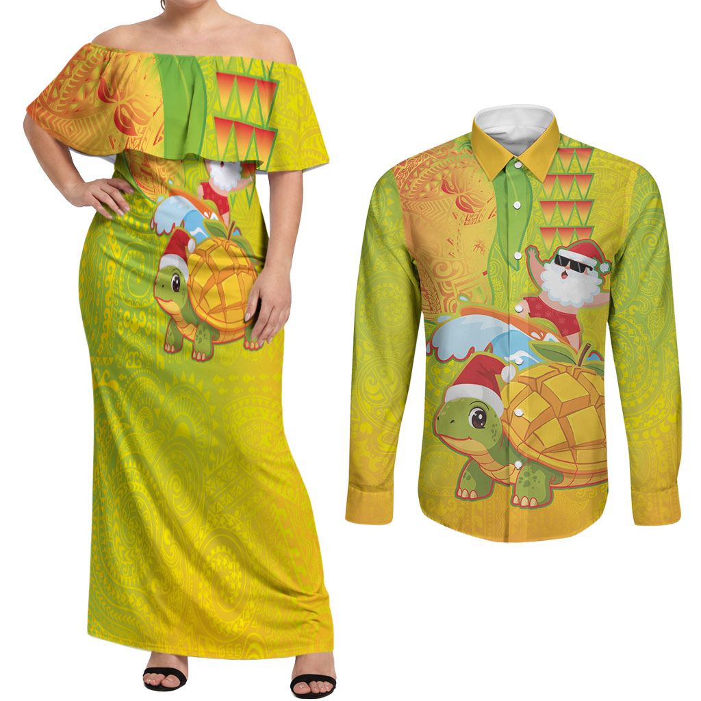 Hawaiian Mango Mele Kalikimaka Couples Matching Off Shoulder Maxi Dress and Long Sleeve Button Shirt Santa Claus Surfing with Turtle Mango Christmas LT03 Multicolor - Polynesian Pride