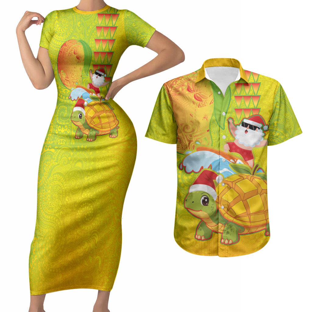 Hawaiian Mango Mele Kalikimaka Couples Matching Short Sleeve Bodycon Dress and Hawaiian Shirt Santa Claus Surfing with Turtle Mango Christmas LT03 Multicolor - Polynesian Pride