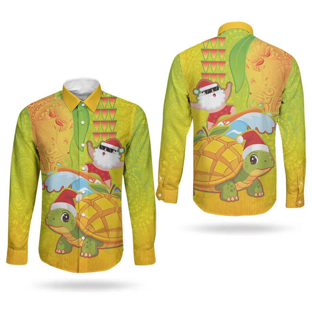 Hawaiian Mango Mele Kalikimaka Couples Matching Short Sleeve Bodycon Dress and Long Sleeve Button Shirt Santa Claus Surfing with Turtle Mango Christmas LT03 - Polynesian Pride