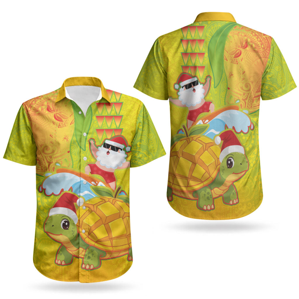 Hawaiian Mango Mele Kalikimaka Couples Matching Summer Maxi Dress and Hawaiian Shirt Santa Claus Surfing with Turtle Mango Christmas LT03 - Polynesian Pride