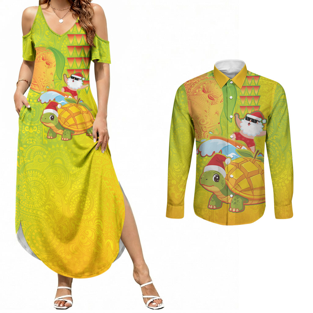 Hawaiian Mango Mele Kalikimaka Couples Matching Summer Maxi Dress and Long Sleeve Button Shirt Santa Claus Surfing with Turtle Mango Christmas LT03 Multicolor - Polynesian Pride