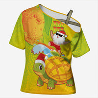 Hawaiian Mango Mele Kalikimaka Cross Shoulder Shirt Santa Claus Surfing with Turtle Mango Christmas LT03 Female Multicolor - Polynesian Pride