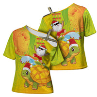Hawaiian Mango Mele Kalikimaka Cross Shoulder Shirt Santa Claus Surfing with Turtle Mango Christmas LT03 - Polynesian Pride