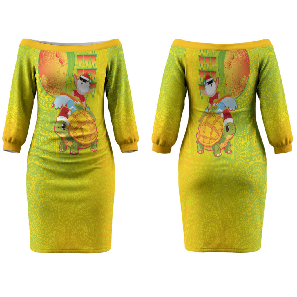 Hawaiian Mango Mele Kalikimaka Family Matching Off The Shoulder Long Sleeve Dress and Hawaiian Shirt Santa Claus Surfing with Turtle Mango Christmas LT03 Mom's Dress Multicolor - Polynesian Pride