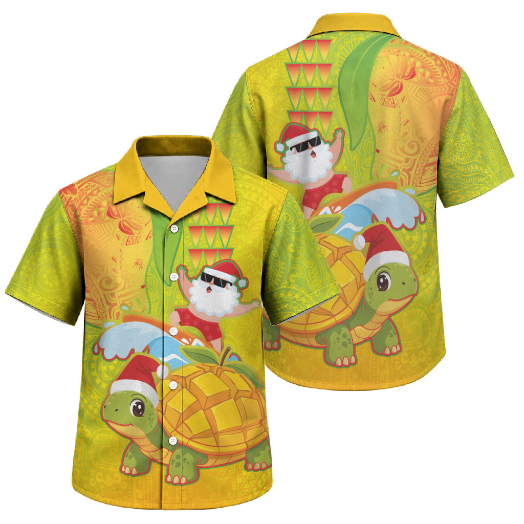 Hawaiian Mango Mele Kalikimaka Family Matching Off Shoulder Maxi Dress and Hawaiian Shirt Santa Claus Surfing with Turtle Mango Christmas LT03 Son's Shirt Multicolor - Polynesian Pride