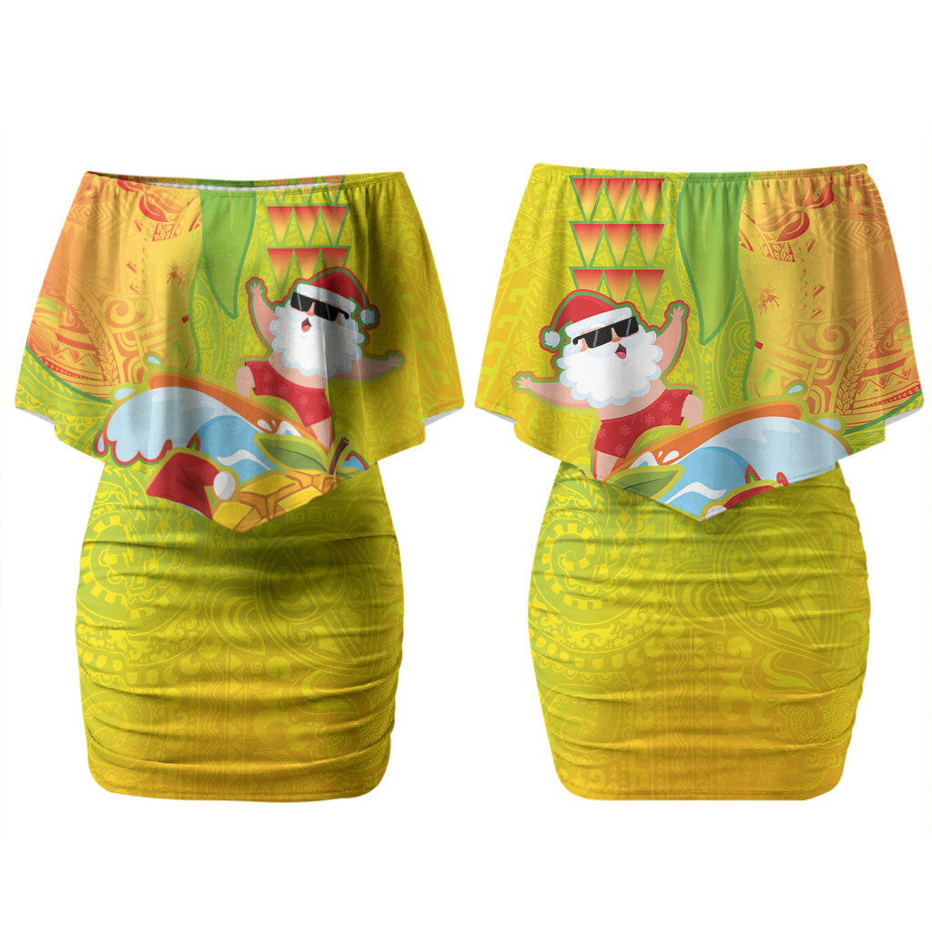 Hawaiian Mango Mele Kalikimaka Family Matching Off Shoulder Short Dress and Hawaiian Shirt Santa Claus Surfing with Turtle Mango Christmas LT03 Mom's Dress Multicolor - Polynesian Pride