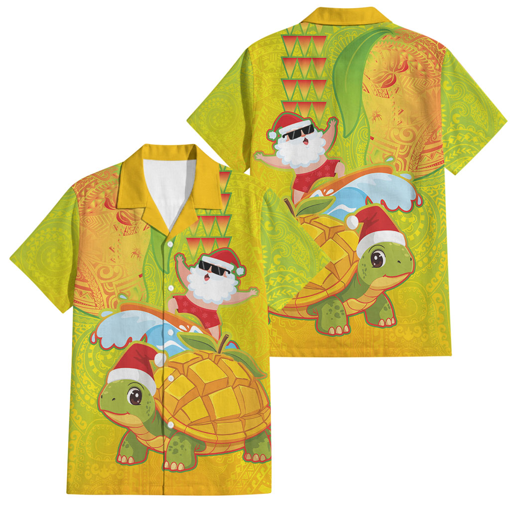 Hawaiian Mango Mele Kalikimaka Family Matching Off Shoulder Short Dress and Hawaiian Shirt Santa Claus Surfing with Turtle Mango Christmas LT03 Dad's Shirt - Short Sleeve Multicolor - Polynesian Pride