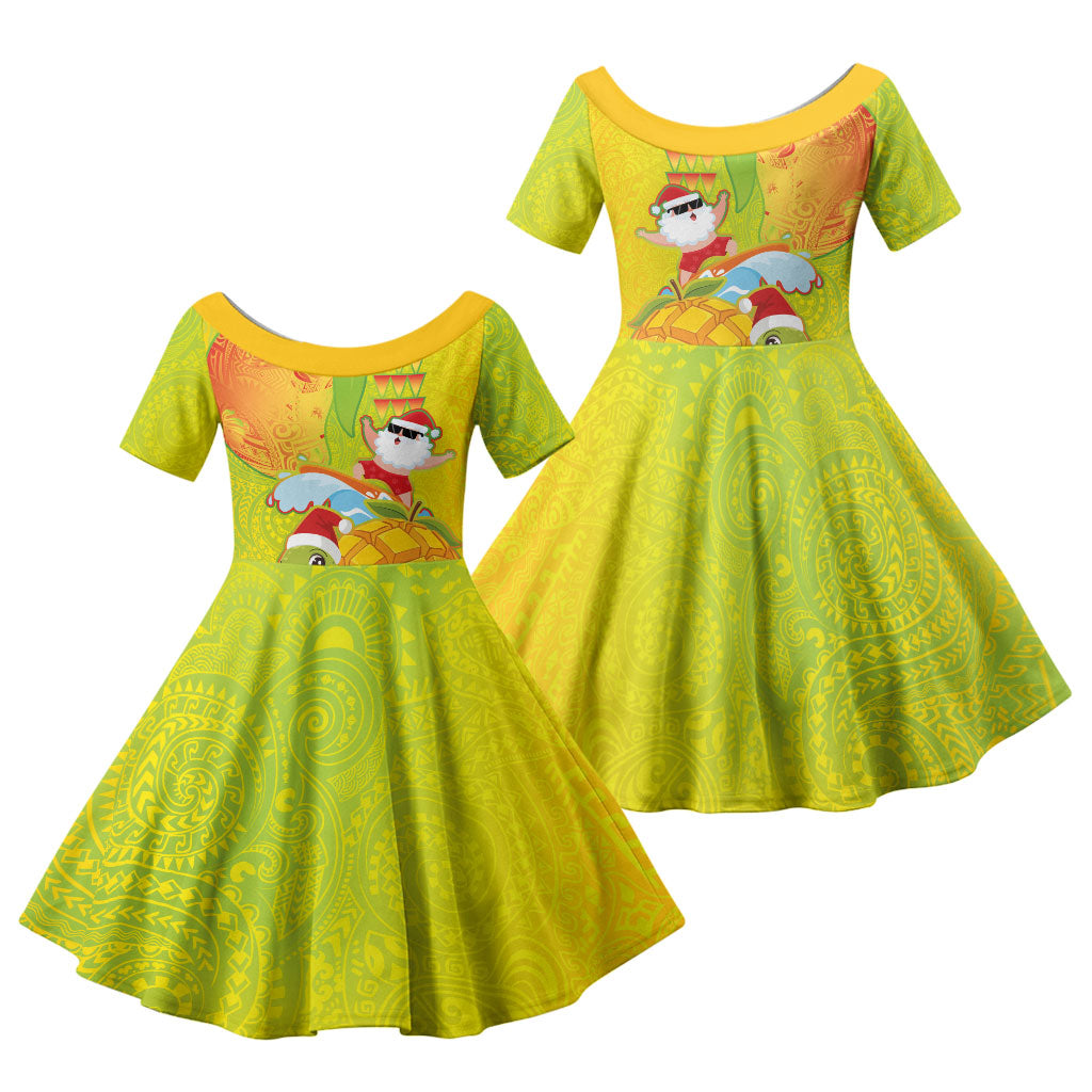 Hawaiian Mango Mele Kalikimaka Family Matching Off Shoulder Short Dress and Hawaiian Shirt Santa Claus Surfing with Turtle Mango Christmas LT03 Daughter's Dress Multicolor - Polynesian Pride