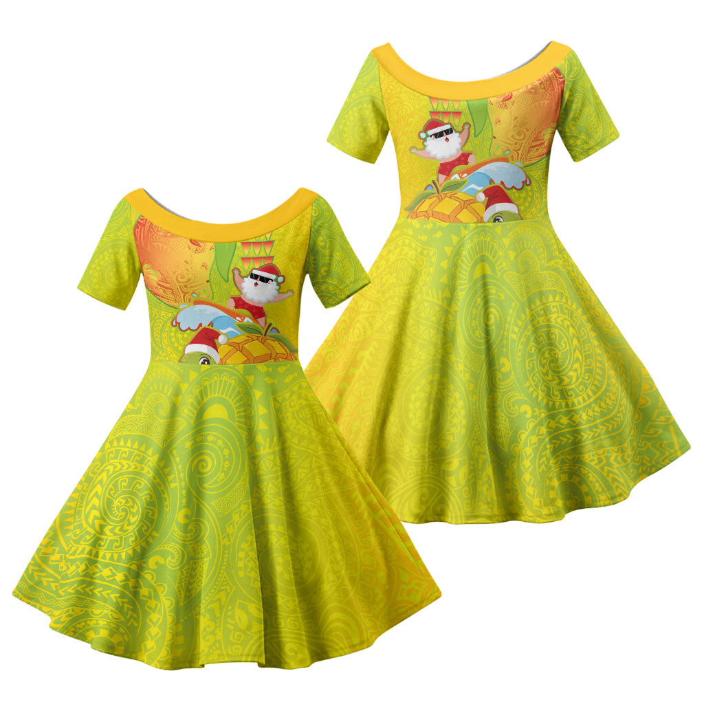 Hawaiian Mango Mele Kalikimaka Family Matching Short Sleeve Bodycon Dress and Hawaiian Shirt Santa Claus Surfing with Turtle Mango Christmas LT03 Daughter's Dress Multicolor - Polynesian Pride