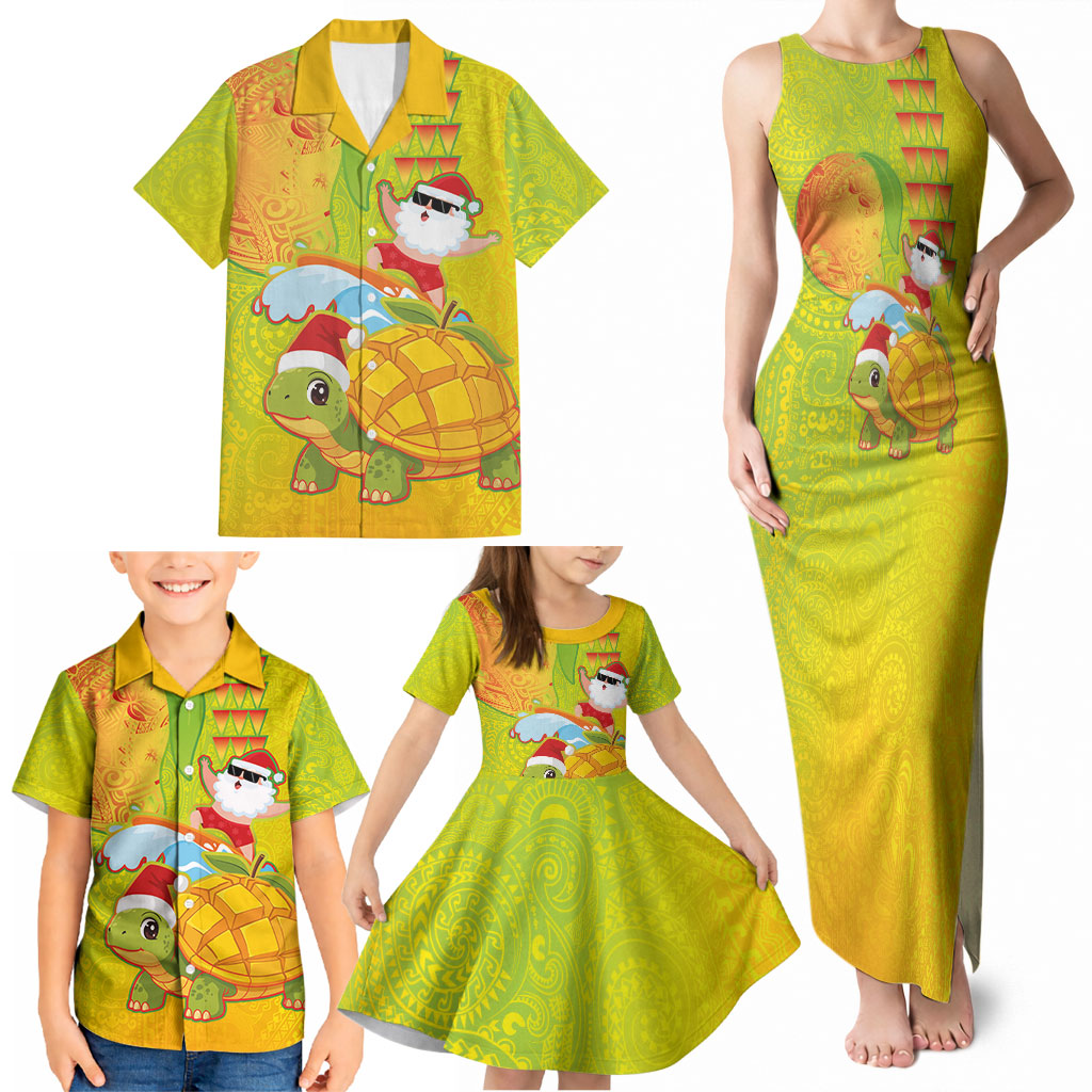 Hawaiian Mango Mele Kalikimaka Family Matching Tank Maxi Dress and Hawaiian Shirt Santa Claus Surfing with Turtle Mango Christmas LT03 - Polynesian Pride