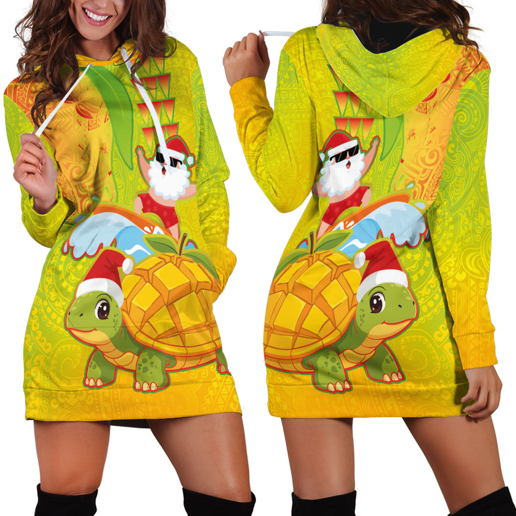 Hawaiian Mango Mele Kalikimaka Hoodie Dress Santa Claus Surfing with Turtle Mango Christmas LT03 - Polynesian Pride