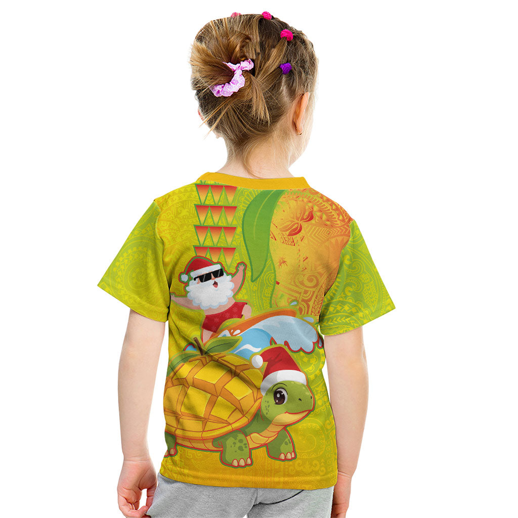 Hawaiian Mango Mele Kalikimaka Kid T Shirt Santa Claus Surfing with Turtle Mango Christmas LT03 - Polynesian Pride