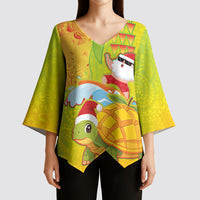 Hawaiian Mango Mele Kalikimaka Kimono Sleeve Blouse Santa Claus Surfing with Turtle Mango Christmas LT03 - Polynesian Pride