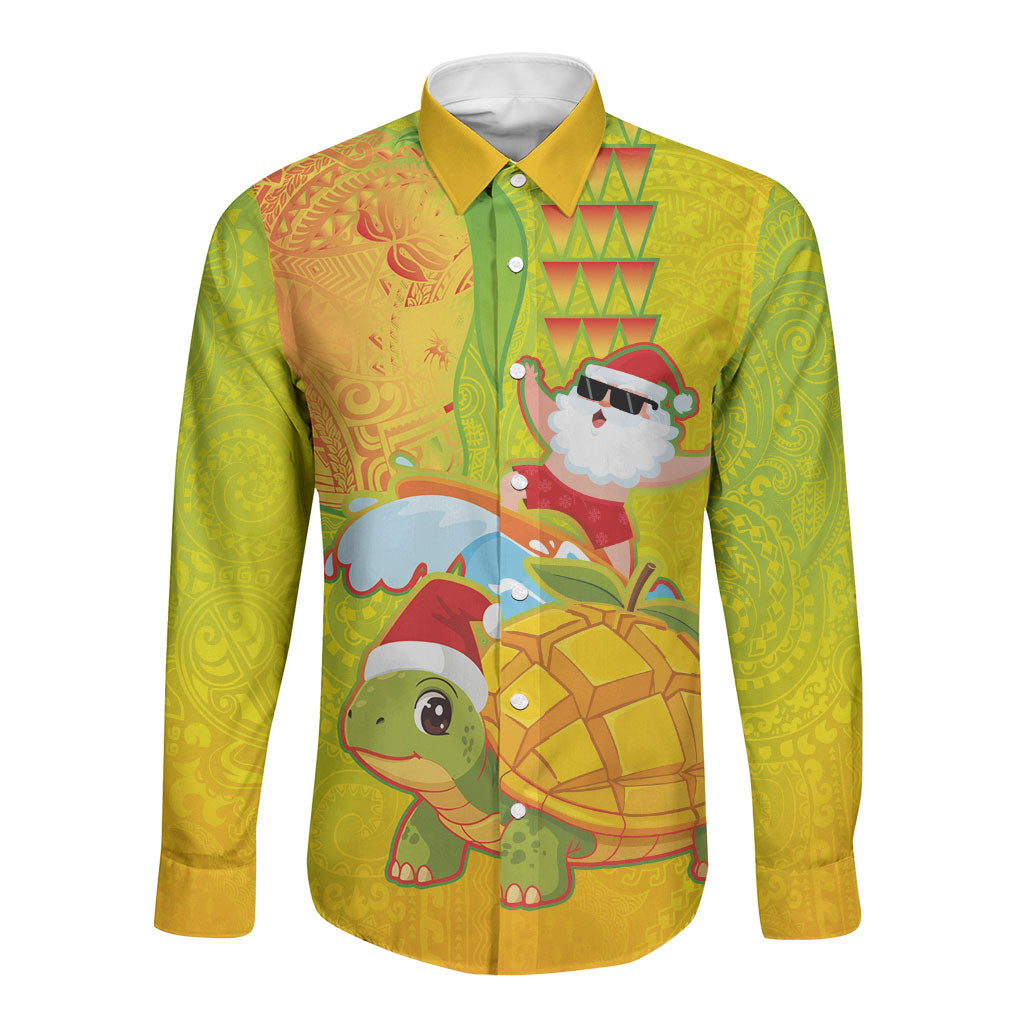 Hawaiian Mango Mele Kalikimaka Long Sleeve Button Shirt Santa Claus Surfing with Turtle Mango Christmas LT03 Unisex Multicolor - Polynesian Pride