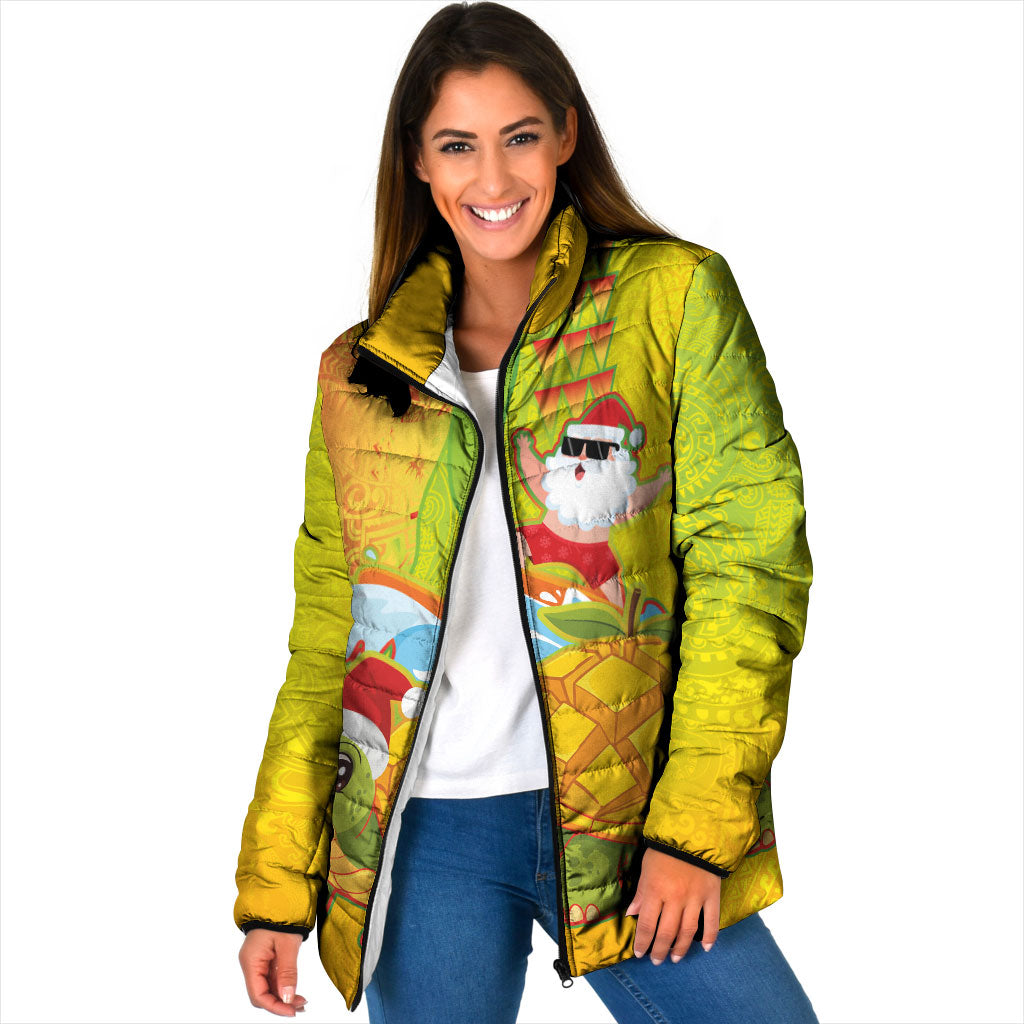 Hawaiian Mango Mele Kalikimaka Padded Jacket Santa Claus Surfing with Turtle Mango Christmas LT03 Women Multicolor - Polynesian Pride