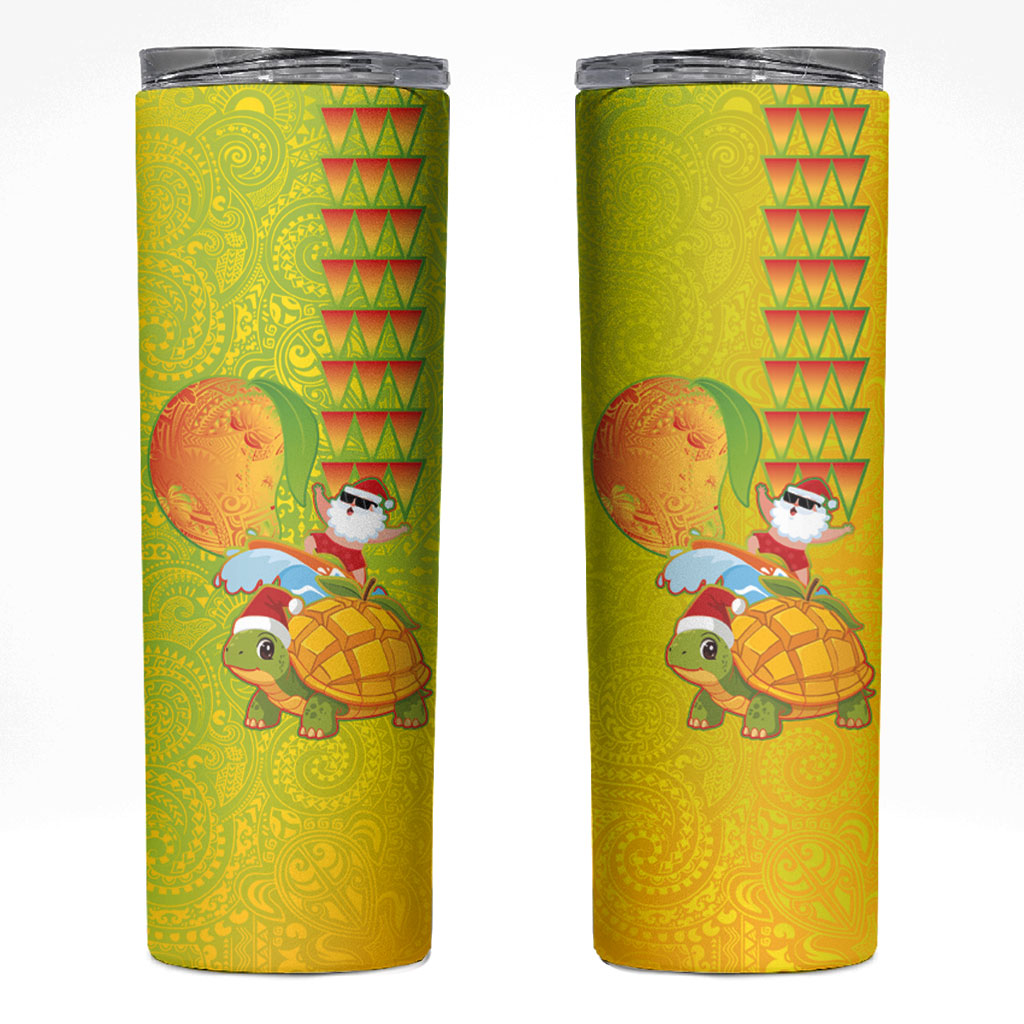 Hawaiian Mango Mele Kalikimaka Skinny Tumbler Santa Claus Surfing with Turtle Mango Christmas LT03 Multicolor - Polynesian Pride