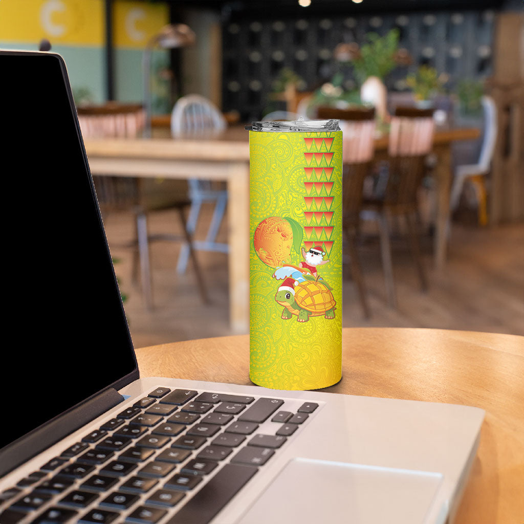 Hawaiian Mango Mele Kalikimaka Skinny Tumbler Santa Claus Surfing with Turtle Mango Christmas LT03 - Polynesian Pride