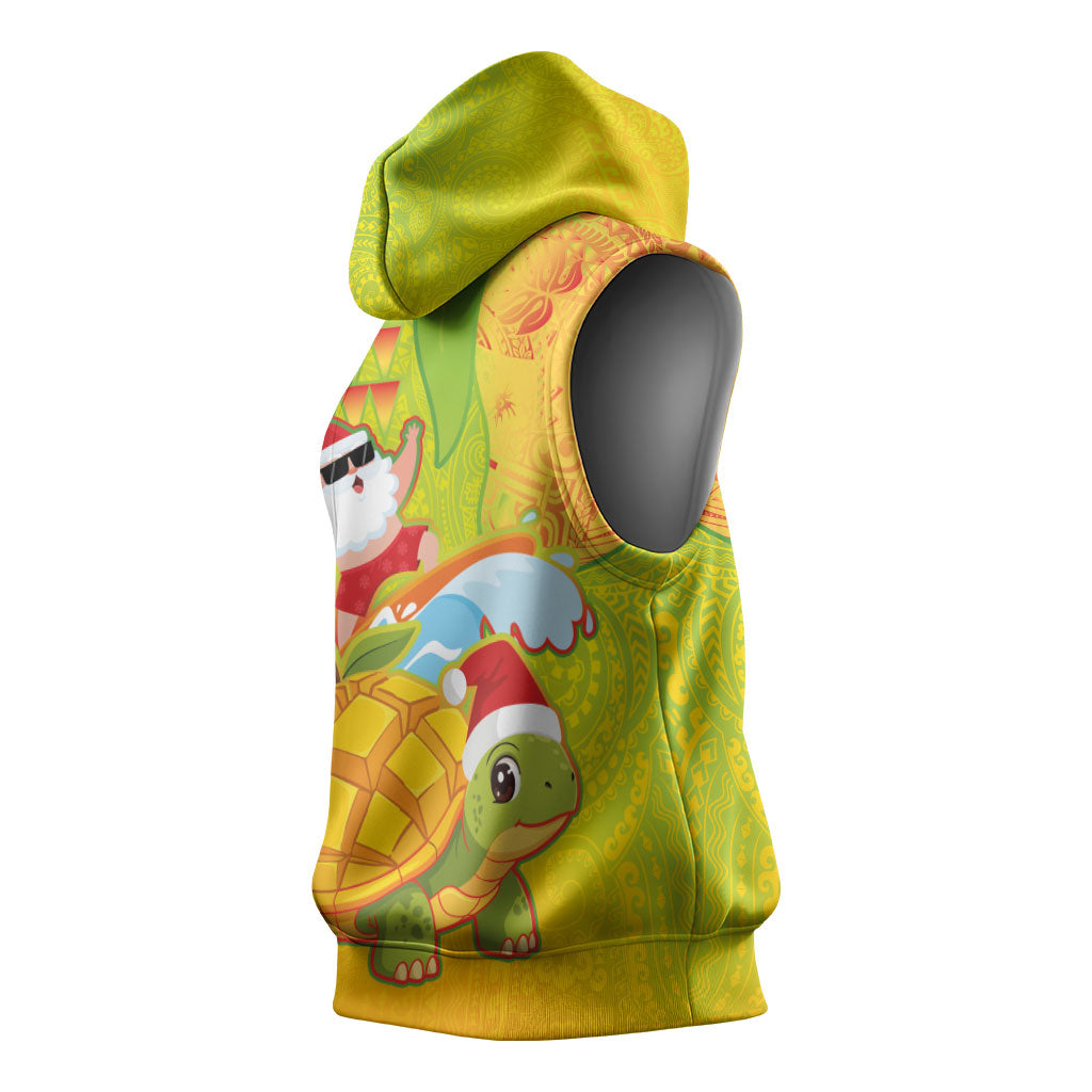 Hawaiian Mango Mele Kalikimaka Sleeveless Hoodie Santa Claus Surfing with Turtle Mango Christmas LT03 - Polynesian Pride