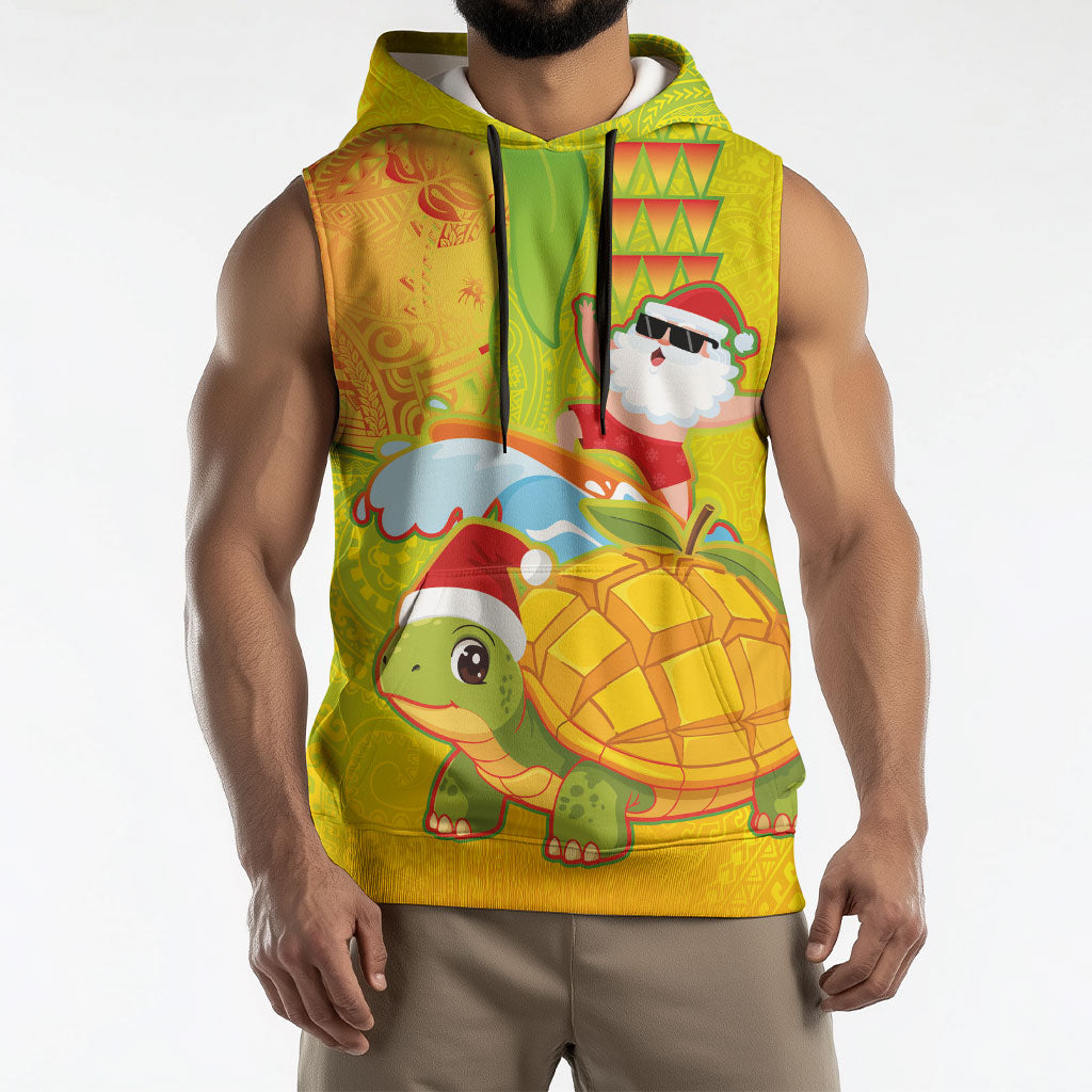 Hawaiian Mango Mele Kalikimaka Sleeveless Hoodie Santa Claus Surfing with Turtle Mango Christmas LT03 - Polynesian Pride
