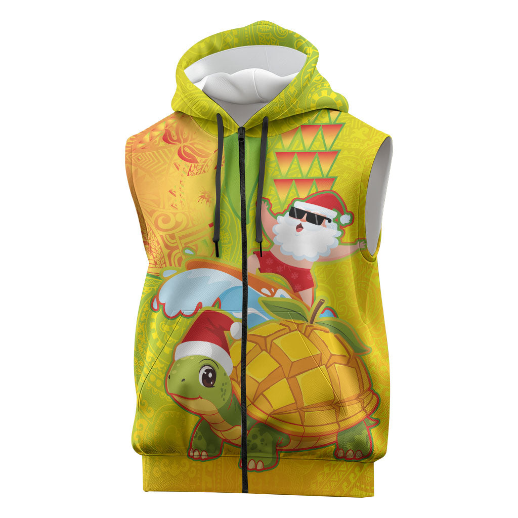 Hawaiian Mango Mele Kalikimaka Sleeveless Zip Hoodie Santa Claus Surfing with Turtle Mango Christmas LT03 Multicolor - Polynesian Pride