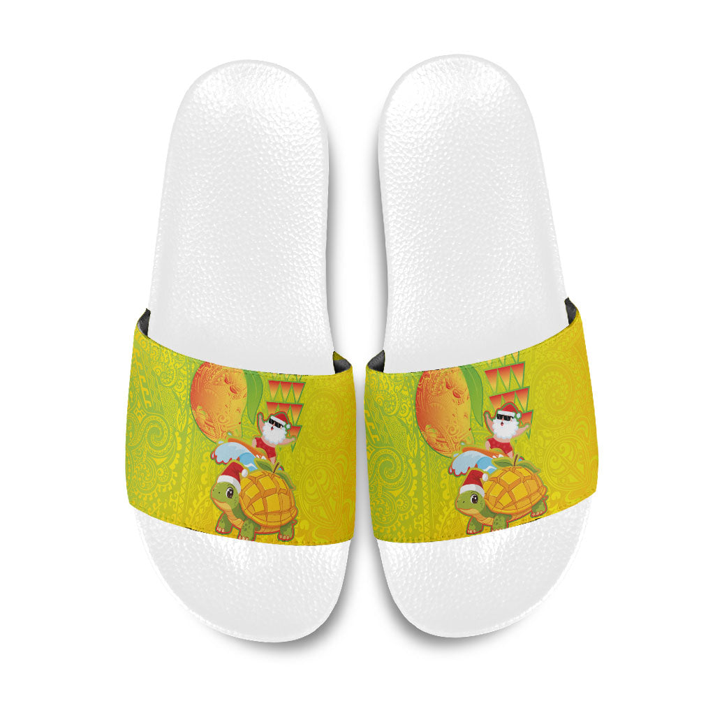 Hawaiian Mango Mele Kalikimaka Slide Sandals Santa Claus Surfing with Turtle Mango Christmas LT03 Multicolor - Polynesian Pride