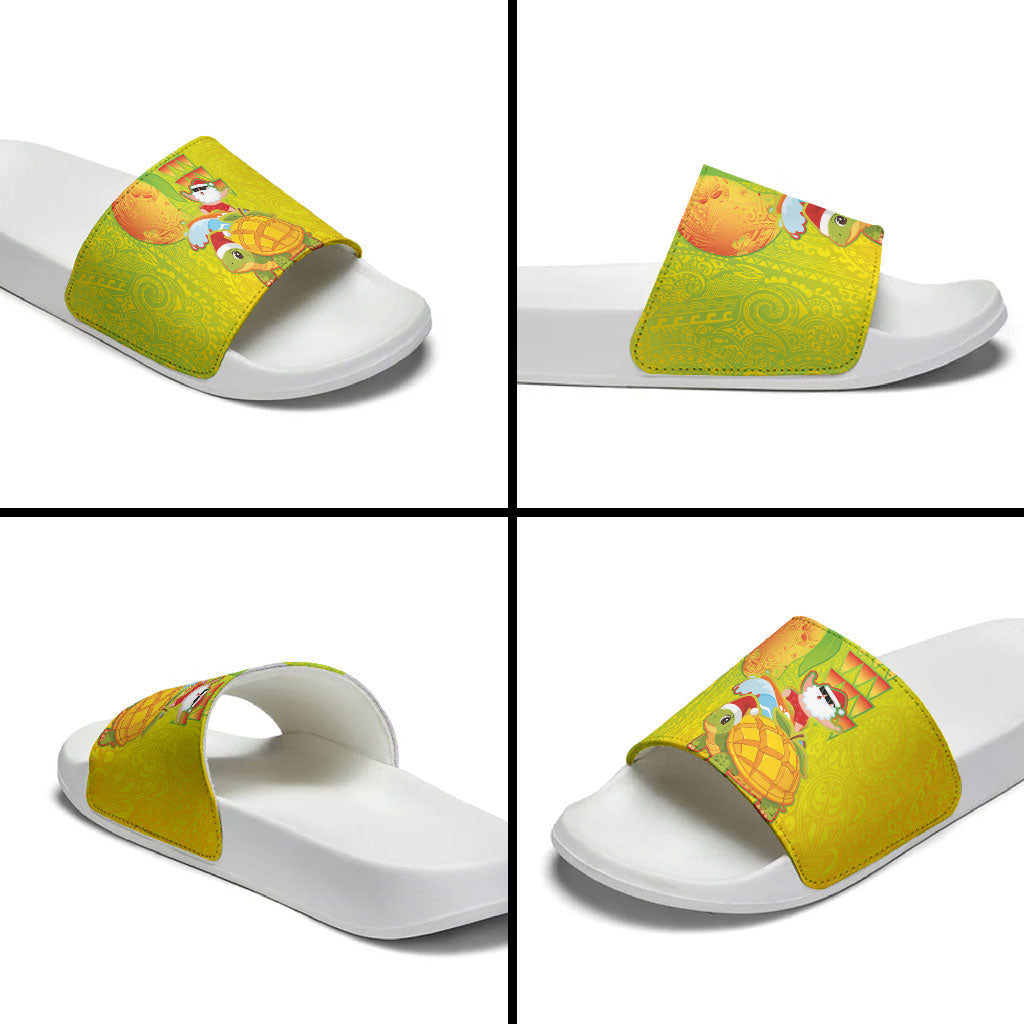 Hawaiian Mango Mele Kalikimaka Slide Sandals Santa Claus Surfing with Turtle Mango Christmas LT03 - Polynesian Pride