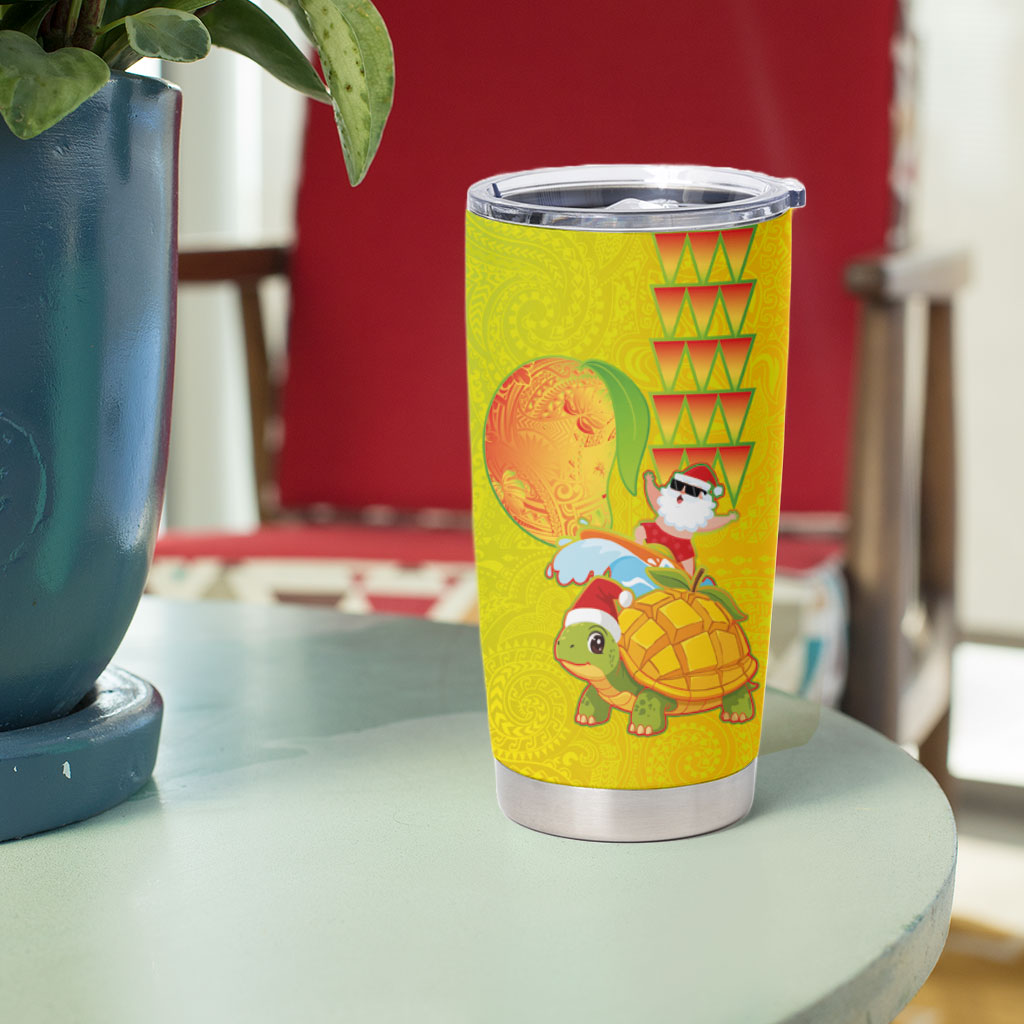 Hawaiian Mango Mele Kalikimaka Tumbler Cup Santa Claus Surfing with Turtle Mango Christmas LT03 - Polynesian Pride