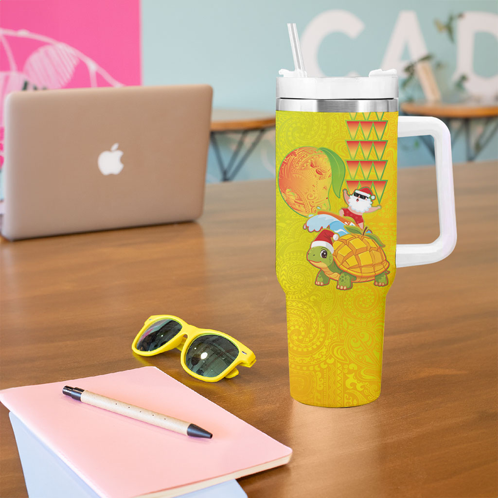 Hawaiian Mango Mele Kalikimaka Tumbler With Handle Santa Claus Surfing with Turtle Mango Christmas LT03 - Polynesian Pride