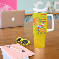 Hawaiian Mango Mele Kalikimaka Tumbler With Handle Santa Claus Surfing with Turtle Mango Christmas LT03 - Polynesian Pride