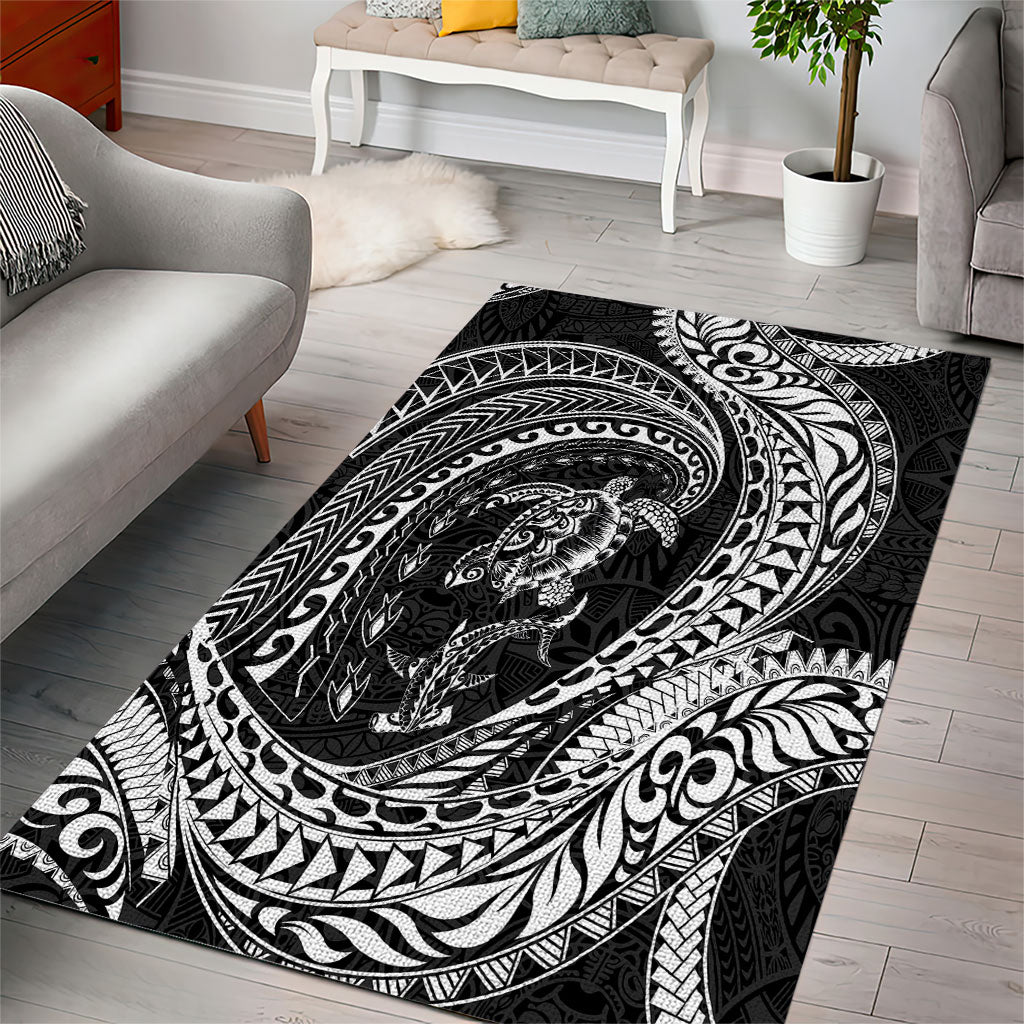 Hawaiian Turtle and Shark Area Rug Kakau Tribal with Polynesian Pattern Black Color LT03 - Polynesian Pride