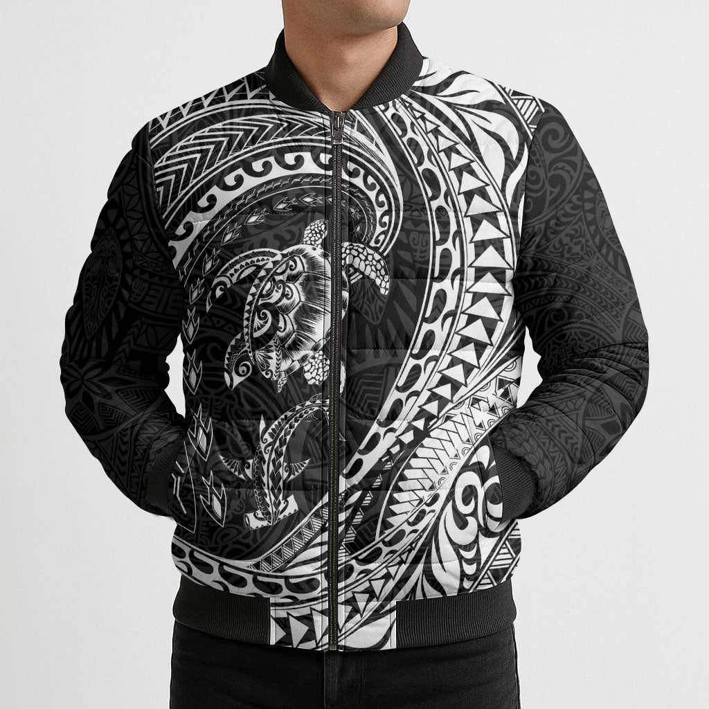 Hawaiian Turtle and Shark Bomber Puffer Jacket Kakau Tribal with Polynesian Pattern Black Color LT03 - Polynesian Pride