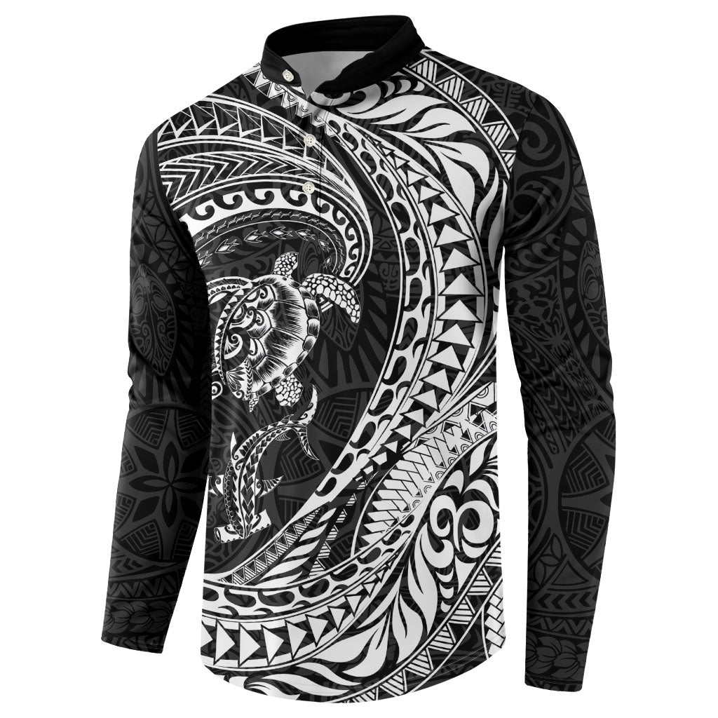 Hawaiian Turtle and Shark Button Sweatshirt Kakau Tribal with Polynesian Pattern Black Color LT03 - Polynesian Pride