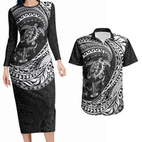 Hawaiian Turtle and Shark Couples Matching Long Sleeve Bodycon Dress and Hawaiian Shirt Kakau Tribal with Polynesian Pattern Black Color LT03 Black - Polynesian Pride