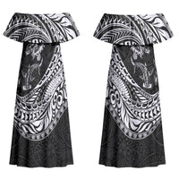 Hawaiian Turtle and Shark Couples Matching Off Shoulder Maxi Dress and Hawaiian Shirt Kakau Tribal with Polynesian Pattern Black Color LT03 - Polynesian Pride