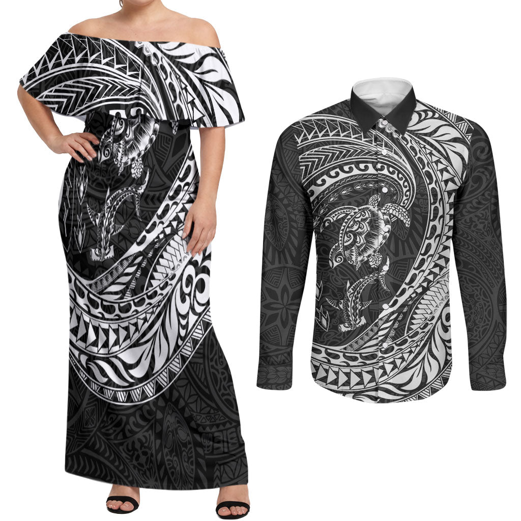 Hawaiian Turtle and Shark Couples Matching Off Shoulder Maxi Dress and Long Sleeve Button Shirt Kakau Tribal with Polynesian Pattern Black Color LT03 Black - Polynesian Pride