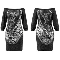 Hawaiian Turtle and Shark Couples Matching Off The Shoulder Long Sleeve Dress and Long Sleeve Button Shirt Kakau Tribal with Polynesian Pattern Black Color LT03 - Polynesian Pride