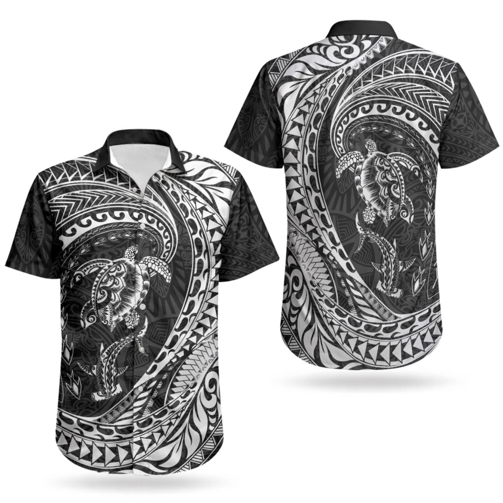 Hawaiian Turtle and Shark Couples Matching Puletasi and Hawaiian Shirt Kakau Tribal with Polynesian Pattern Black Color LT03 - Polynesian Pride