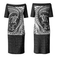 Hawaiian Turtle and Shark Couples Matching Puletasi and Long Sleeve Button Shirt Kakau Tribal with Polynesian Pattern Black Color LT03 - Polynesian Pride
