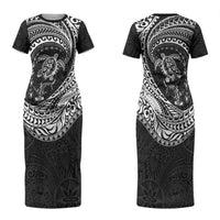 Hawaiian Turtle and Shark Couples Matching Short Sleeve Bodycon Dress and Hawaiian Shirt Kakau Tribal with Polynesian Pattern Black Color LT03 - Polynesian Pride